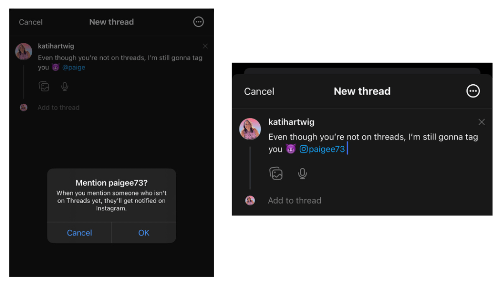 Two screen grabs from a Threads post. One showing a notification that pops up asking if the user would like to continue with tagging their friend, who is not on Threads. The second shows the user has tagged their friend, and an Instagram icon appears before their username.